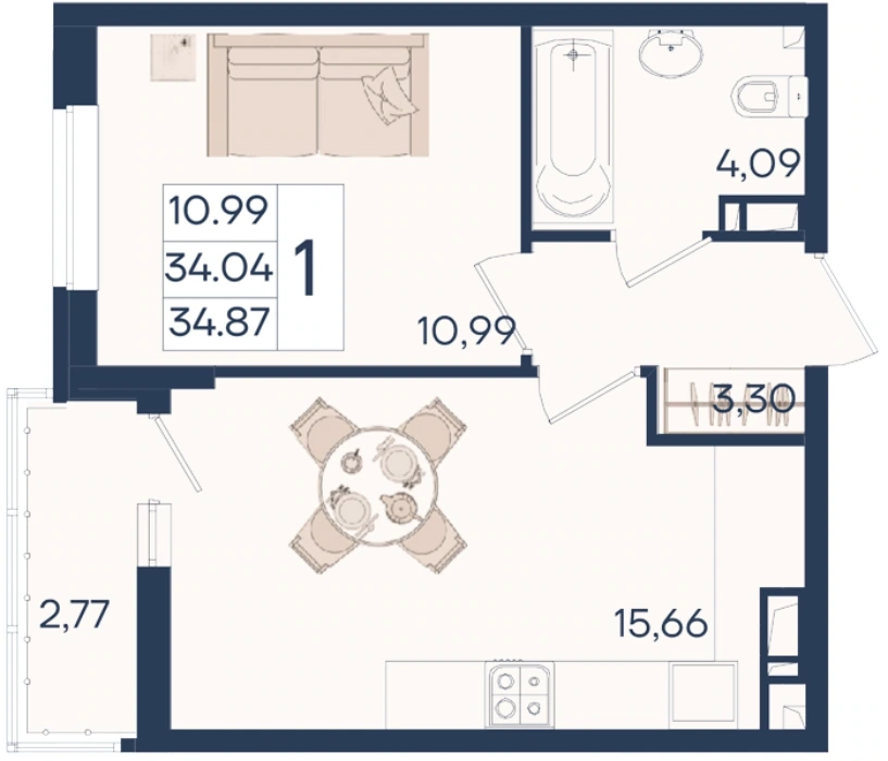 ЖК Дом 101: планировка 34,9 м²