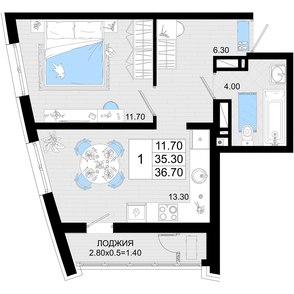 ЖК Фонтаны: планировка 36,7 м², корпус 23