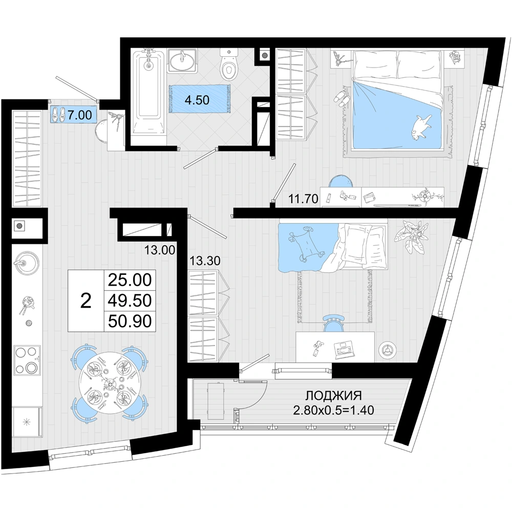 ЖК Фонтаны: планировка 50,9 м², корпус 23