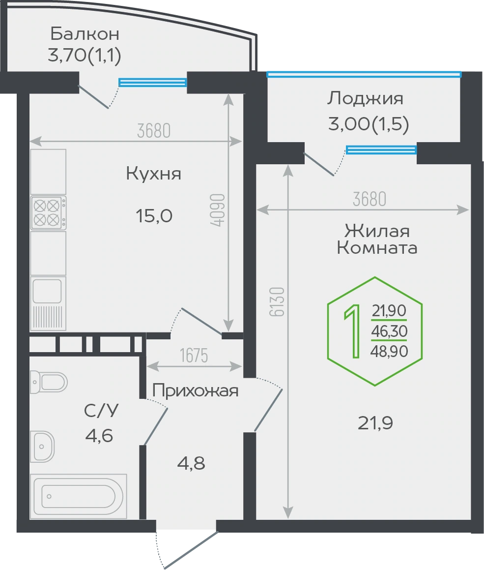 ЖК Гарантия на Обрывной: планировка 48,9 м²