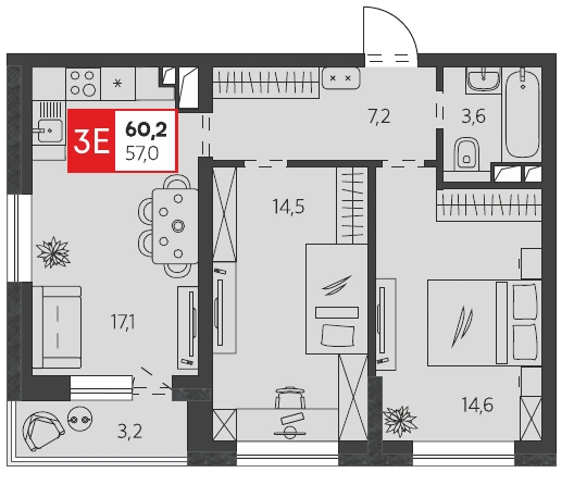 ЖК К24: планировка 57 м²