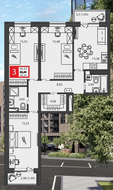 ЖК К24: планировка 83,5 м²