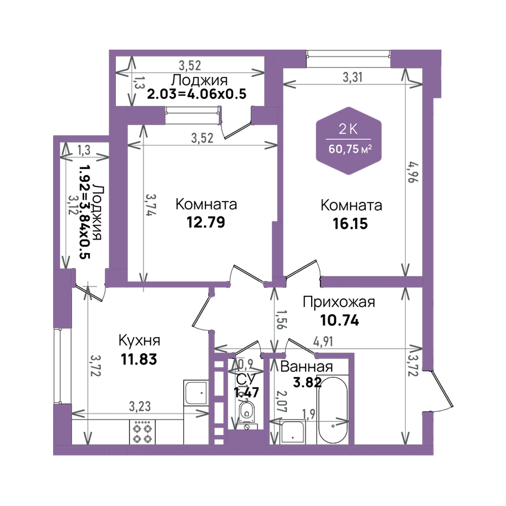 ЖК Левада: планировка 60,8 м²