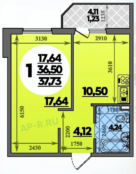 ЖК Молодёжный 2: планировка 37,7 м²