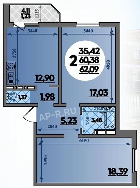 ЖК Молодёжный 2: планировка 62,1 м²