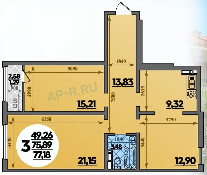 ЖК Молодёжный 2: планировка 77,2 м²