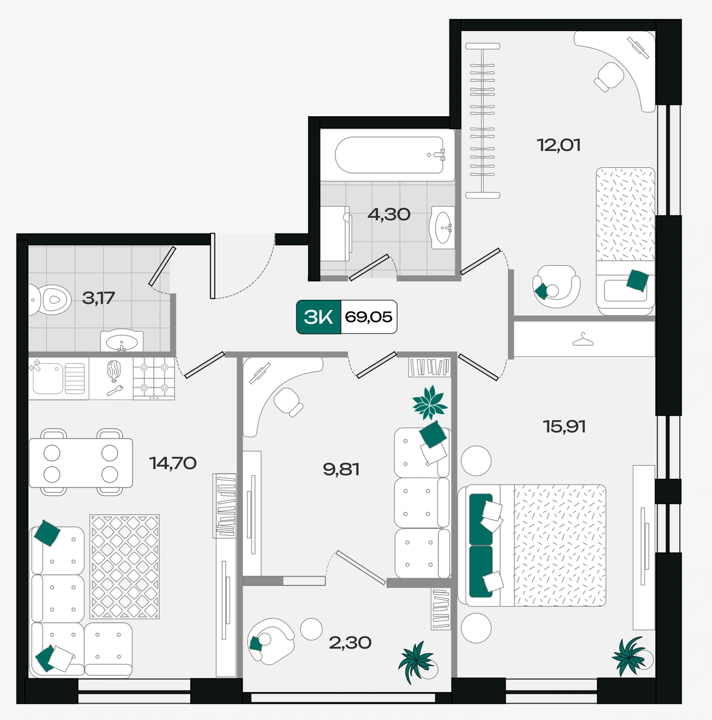 ЖК Народные кварталы: планировка 69,1 м²