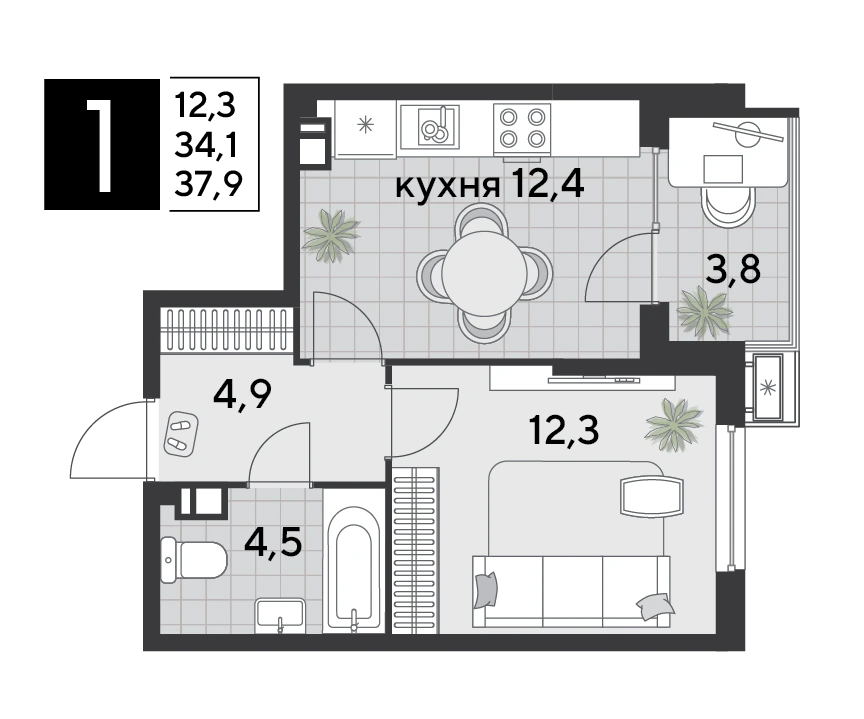 ЖК Парк Победы: планировка 37,9 м², корпус 10