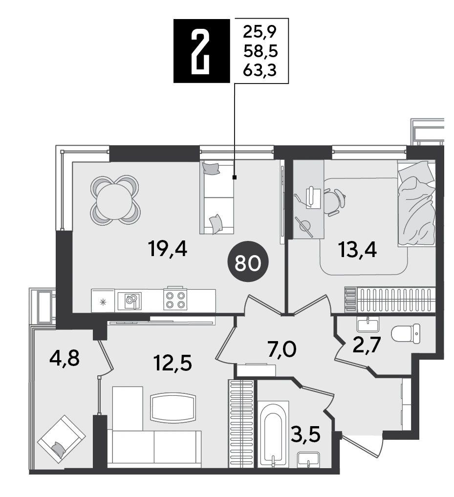 ЖК Парк Победы: планировка 63,3 м², корпус 34