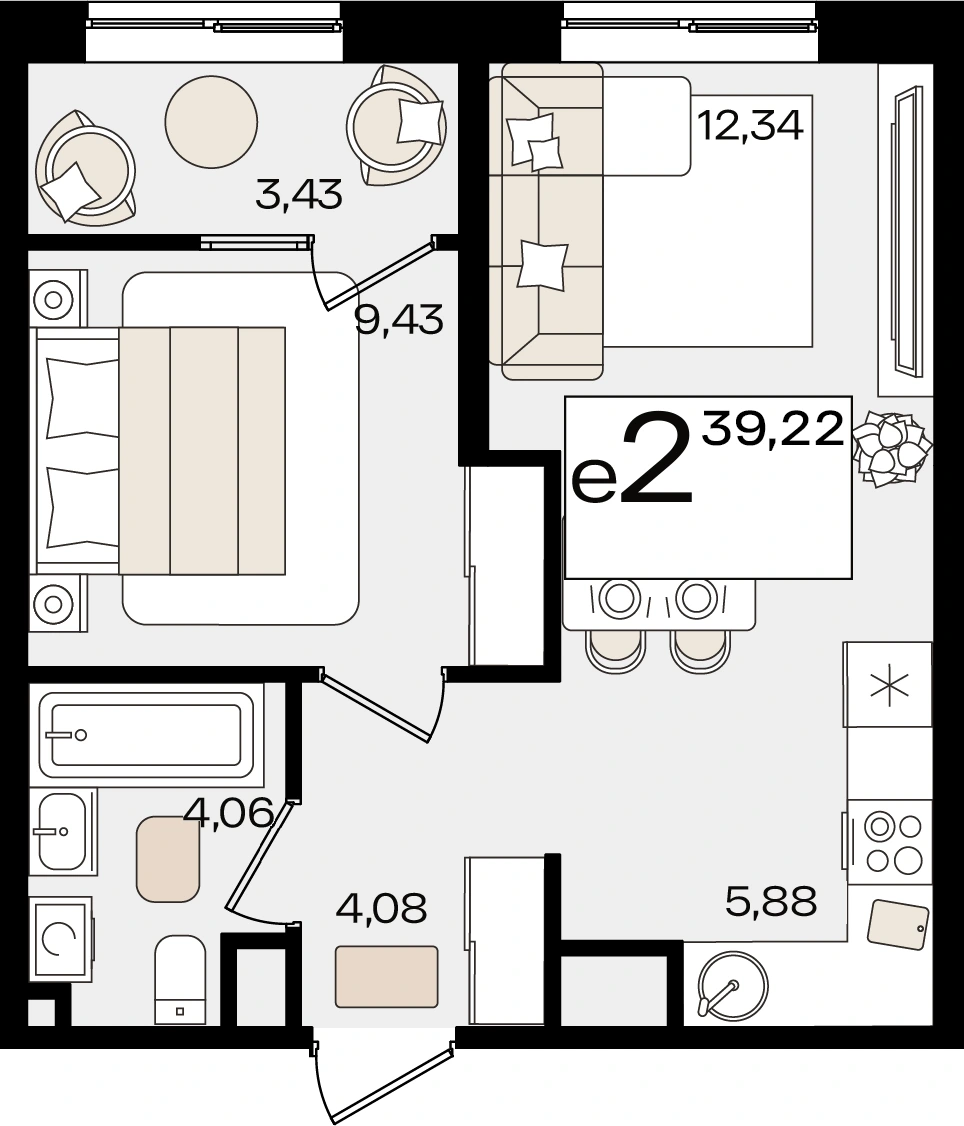 ЖК Патрики: планировка 39,2 м², корпус 1.5