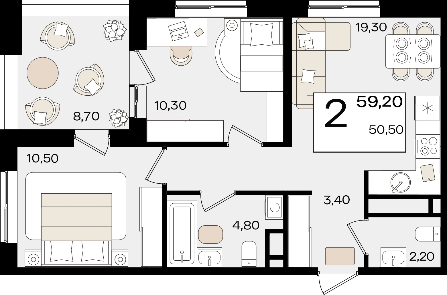 ЖК Патрики: планировка 59,2 м², корпус 1.3