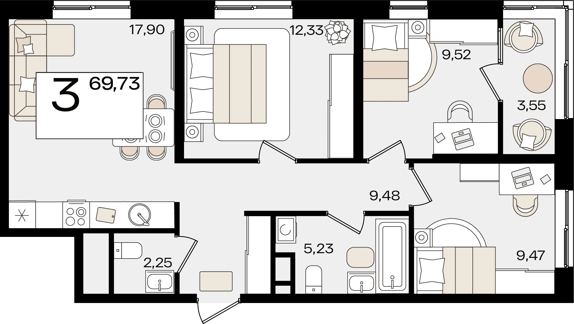 ЖК Патрики: планировка 69,7 м², корпус 1.4
