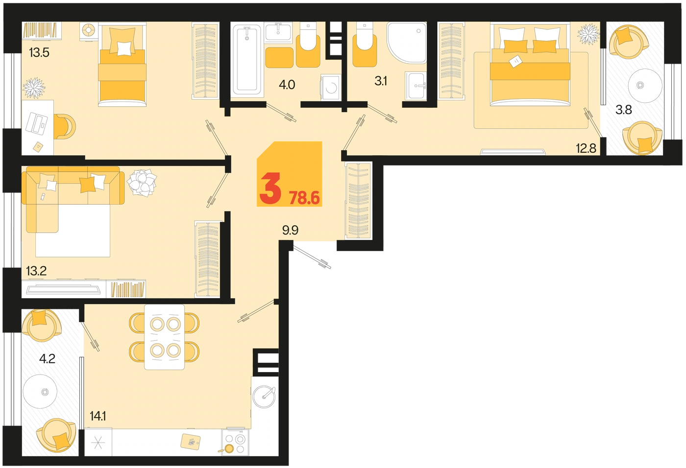 ЖК Первое место: планировка 78,6 м²