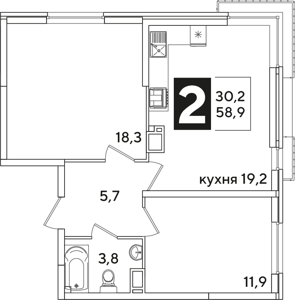 ЖК Самолёт: планировка 58,9 м², корпус 65