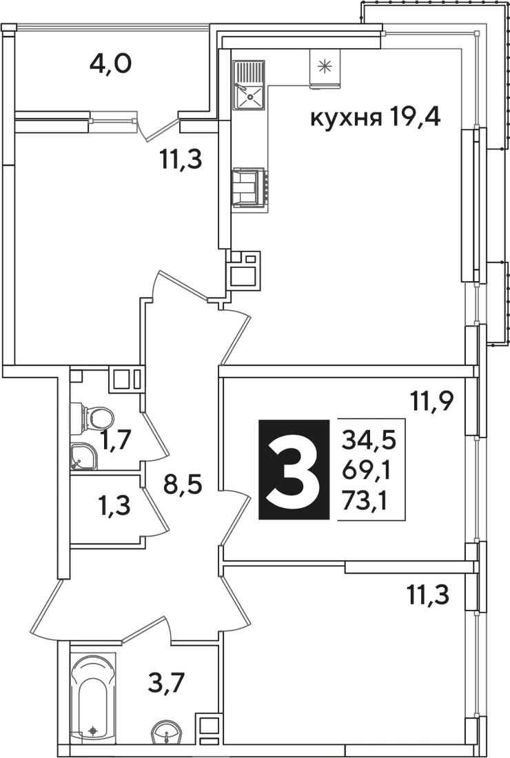 ЖК Самолёт: планировка 73,1 м², корпус 61