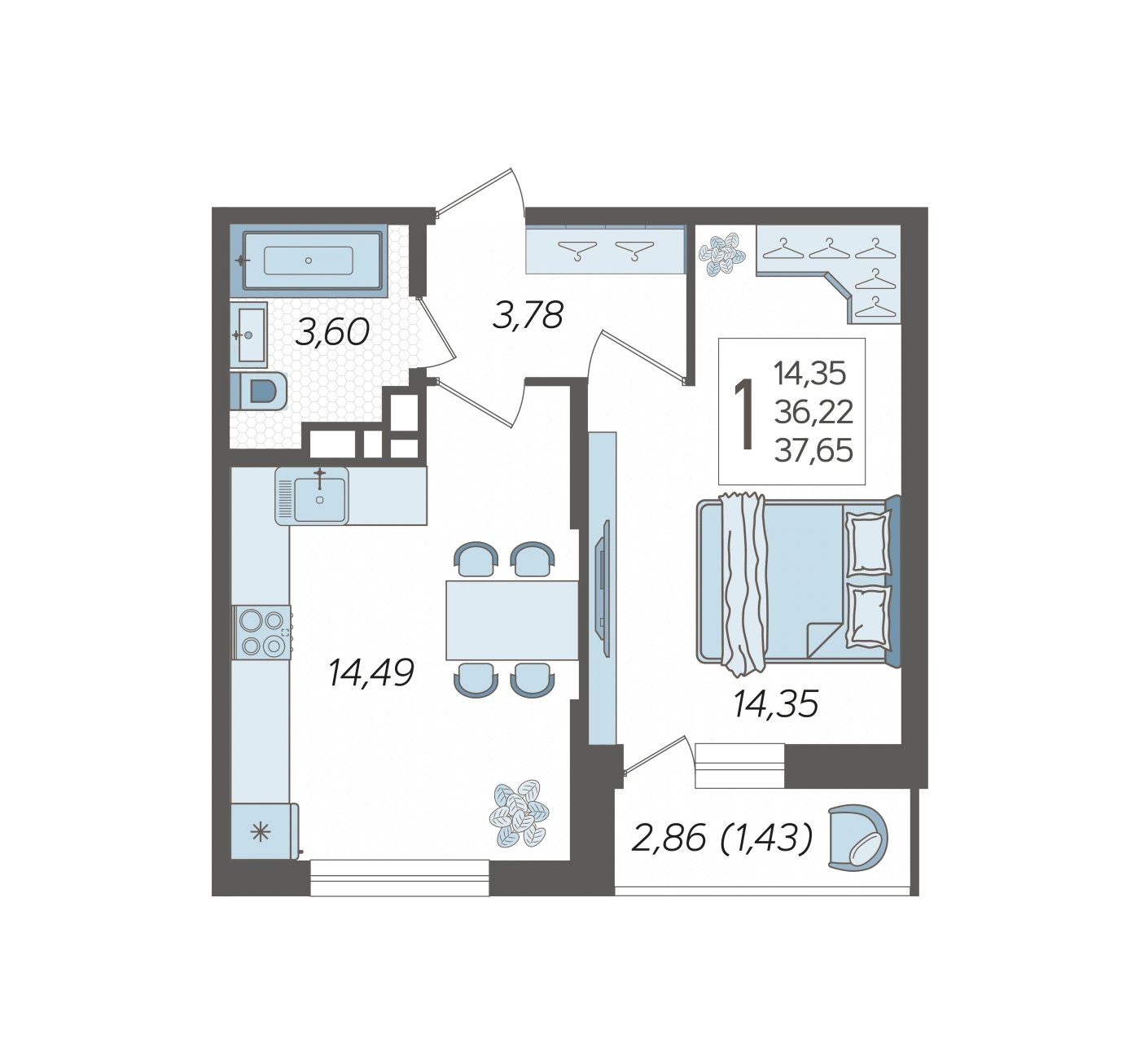 ЖК Смородина: планировка 37,7 м²