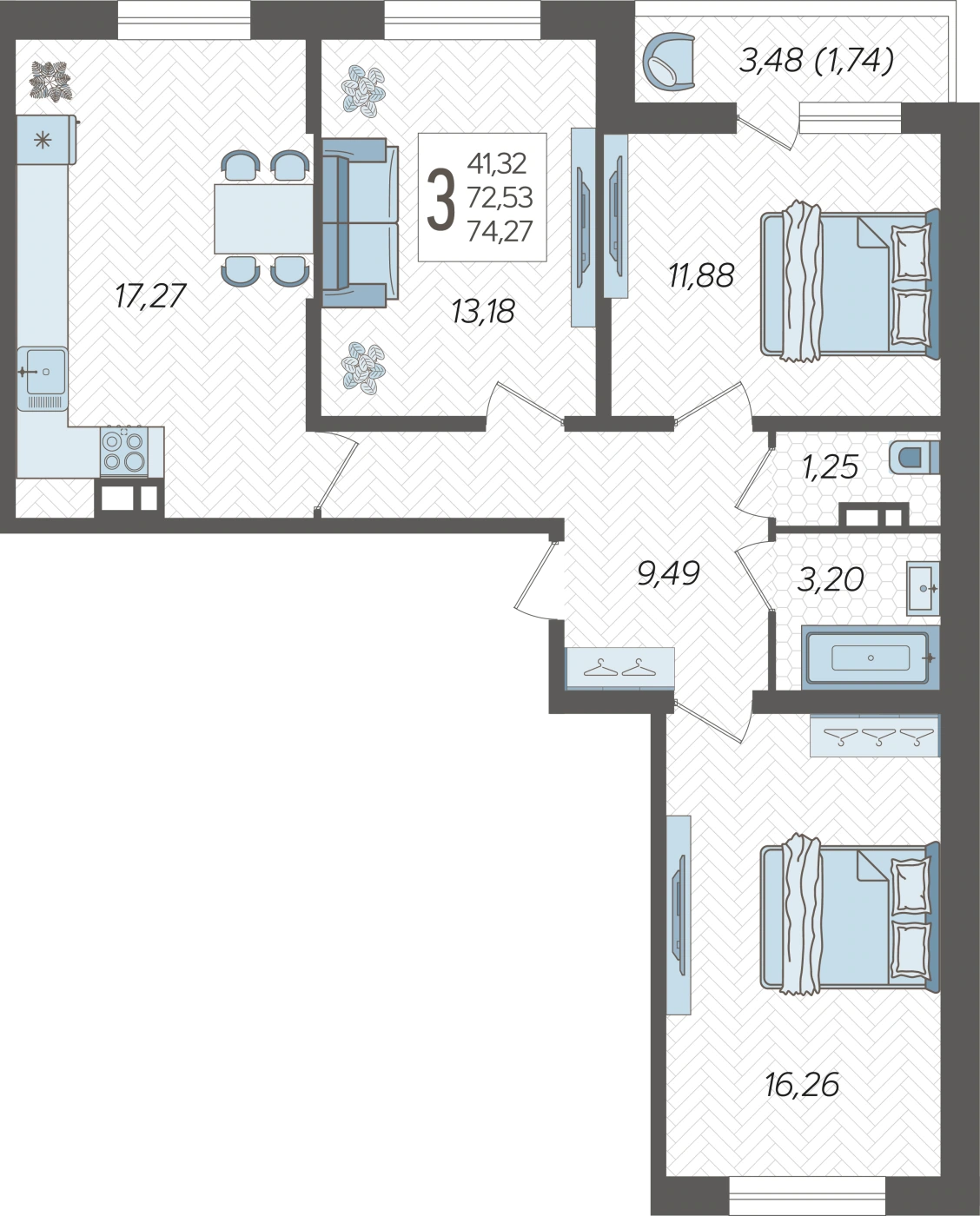 ЖК Смородина: планировка 74,3 м²