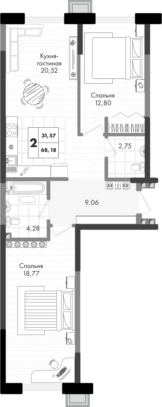 ЖК Зеленая территория: планировка 68,2 м²