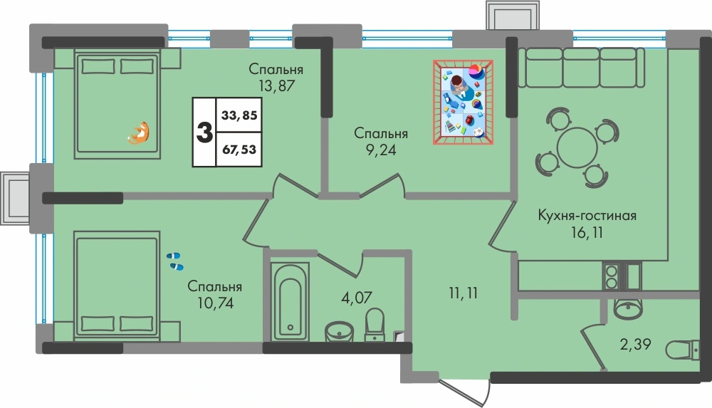 ЖК Зеленая территория: планировка 67,5 м²
